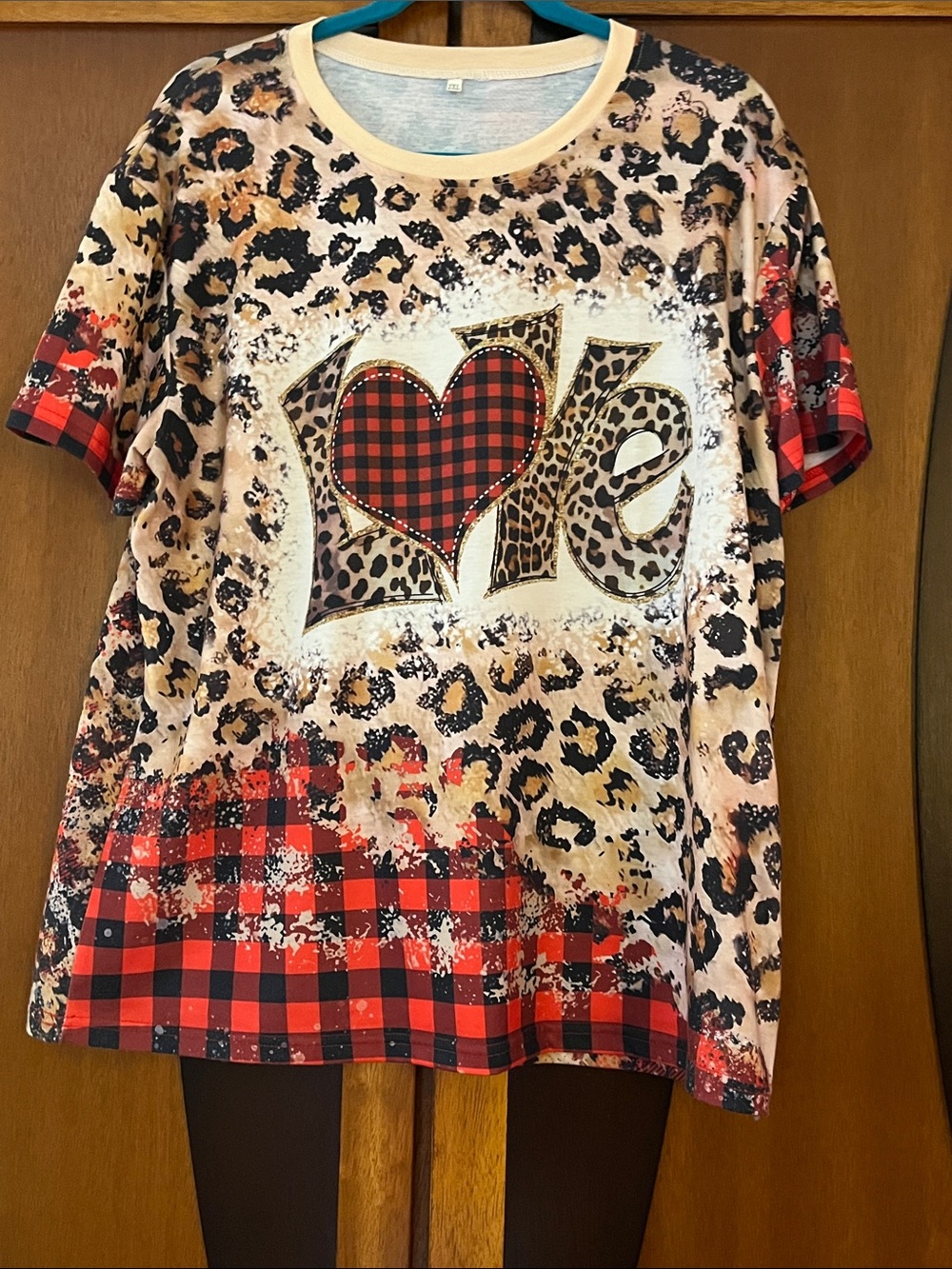 Leopard & Buffalo Plaid 'Love' Short Sleeve Tee - Red, Cream